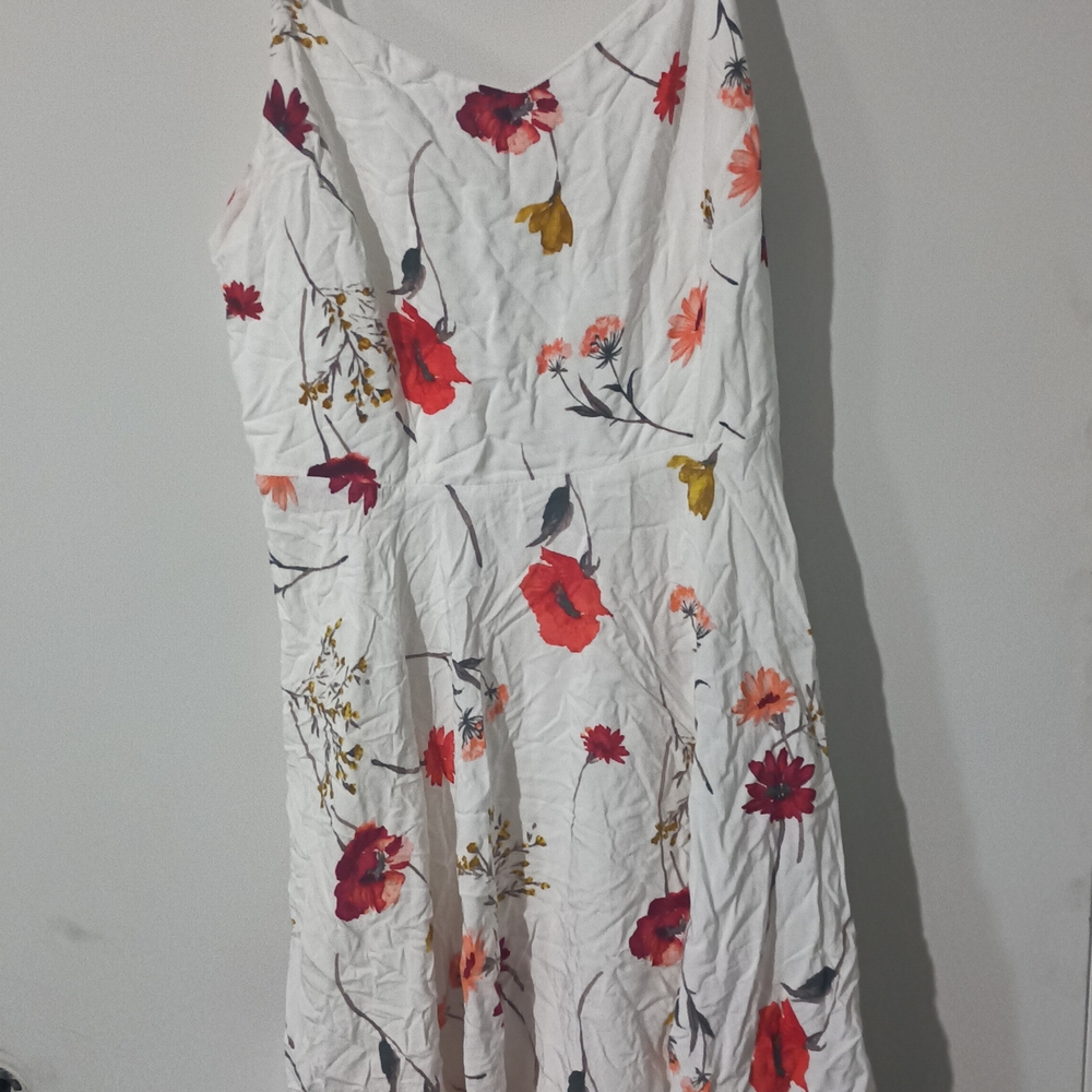 Old Navy White Midi Slip Dress with Red, Pink & Mustard Floral Print